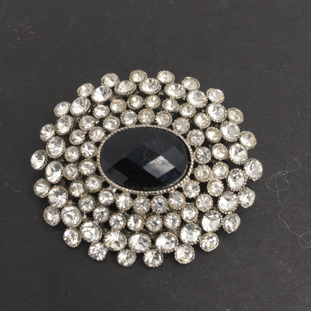 Monet Vintage Silver Color Rhinestones Black Faux Gem Brooch Pin - Picture 1 of 4